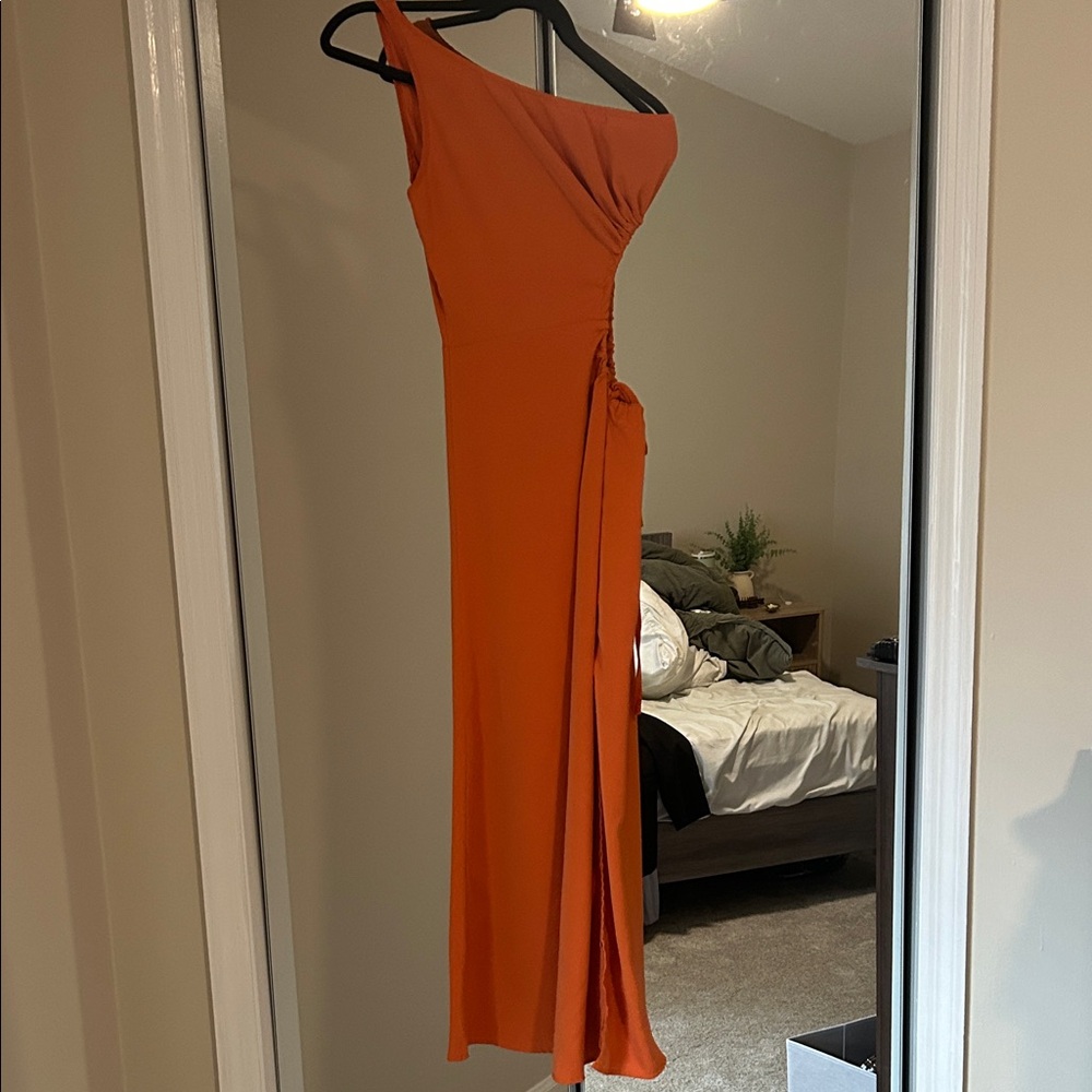 One-Shoulder Rust Orange Evening Dress